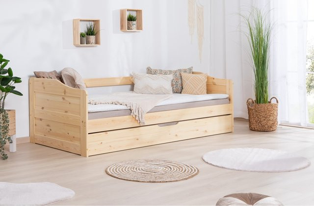 TiCAA Funktionsbett Melinda Sofabett aus massiver Kiefer in Beige mit Schubladen im skandinavischen Design, B/T/H: 90 x 200 cm - Bild 1