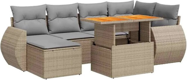 vidaXL 7-teilige Garten-Sofagarnitur in L-Form aus Poly-Rattan und Akazienholz mit Kissen in Beige-grau - Bild 1