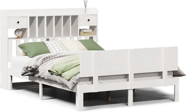 vidaXL Massivholzbett aus Kiefer mit Regal und Schubladen, Weiß, B/T/H: 160 x 200 x 110 cm - Bild 1