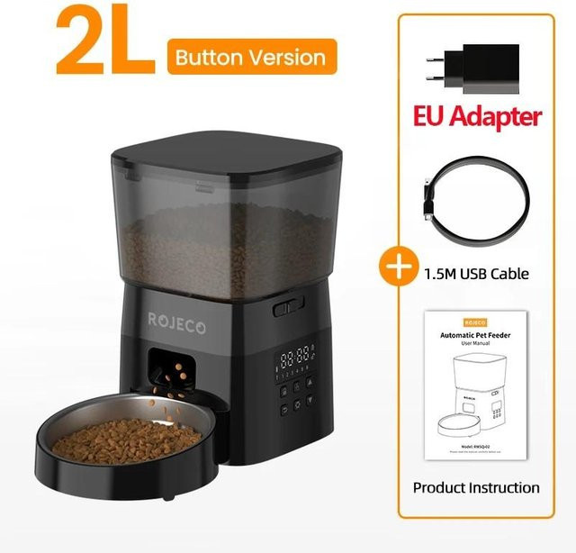 ROJECO Automatischer Futterspender für Katzen und Hunde mit Knopf-Steuerung, Schwarz, 2 l - Bild 1