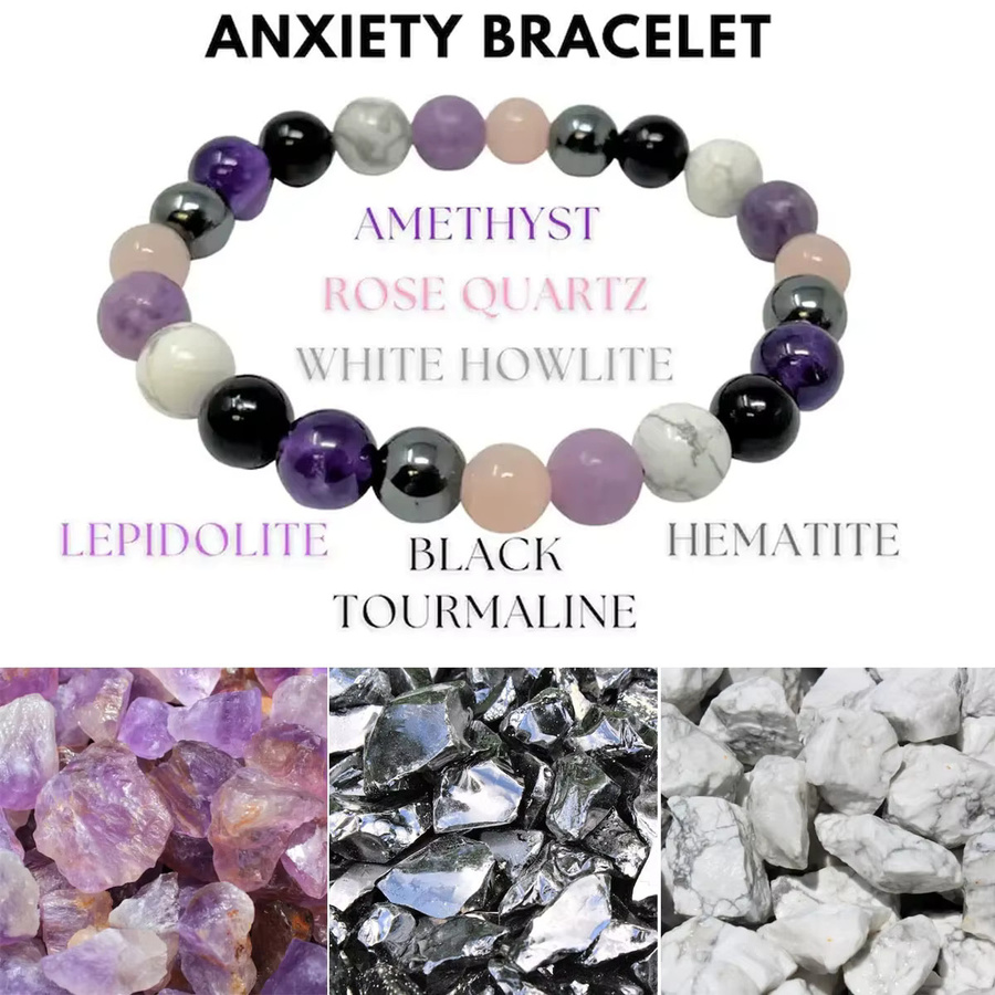 Armband, Amethyst, schwarzer Turmalin, klarer Quarz, Hämatit, Lepidolit, Rosenquarz, weißer 8 mm runder Kristall, Unisex - Bild 4