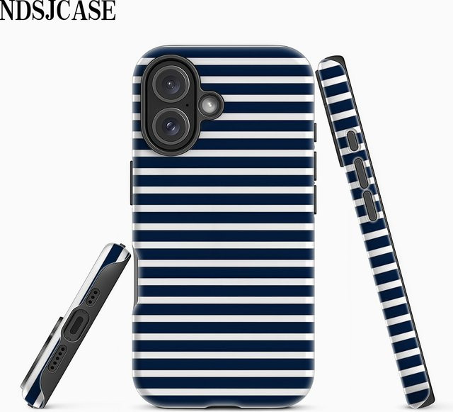 Luxuriöse doppellagige Handyhülle mit marineblauen und weißen Streifen für iPhone 17, 16, 15, 14, 13, 12, 11 Pro Max Plus X XS XR XSMAX Air - Bild 1