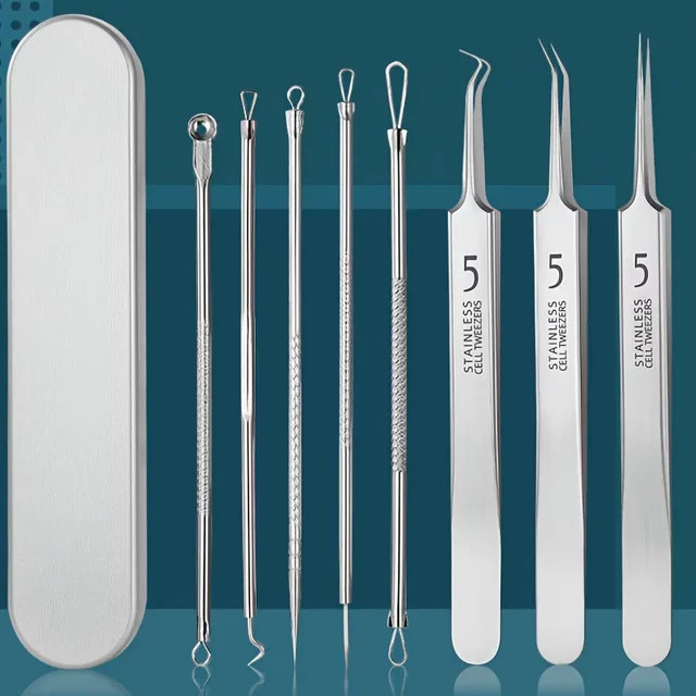 YJYIBEI Mitesserentferner-Set aus Edelstahl, 8-teilig, für Gesicht und Akne - Bild 1