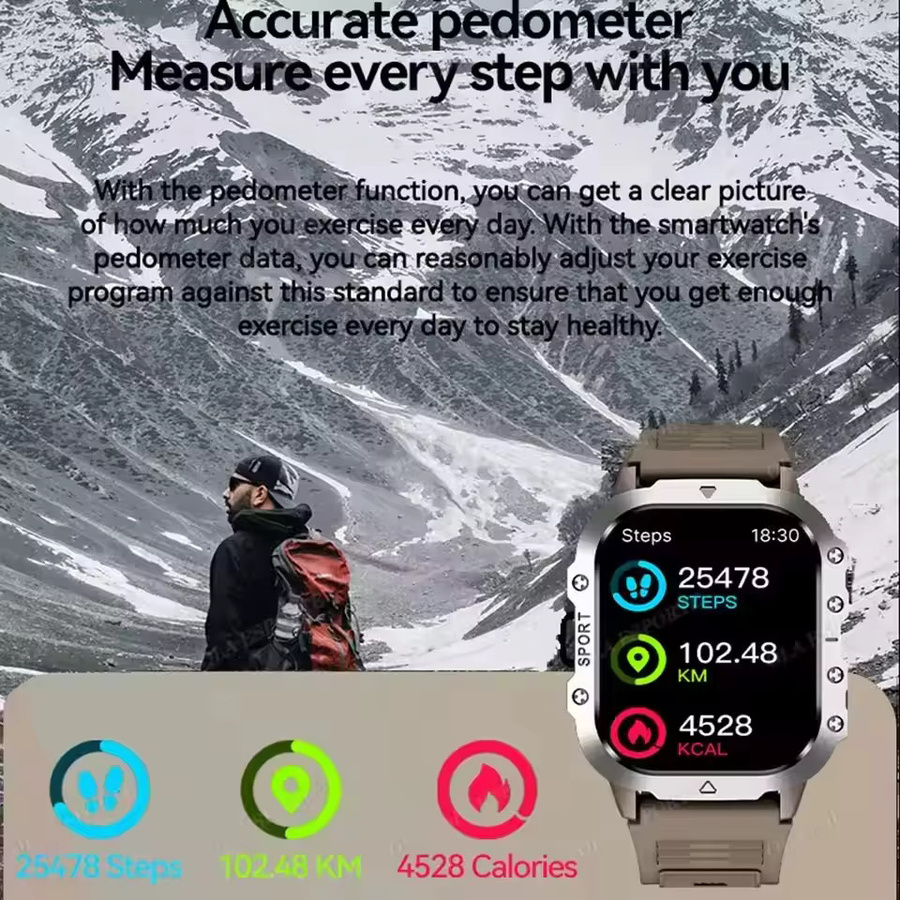 Militärische Smartwatch HW12 für Herren von Ola Esporte in Silber mit 2,01 Zoll Display, Fitness-Tracker, Gesundheitsüberwachung, Bluetooth-Anruffunktion und LED-Taschenlampe - Bild 5