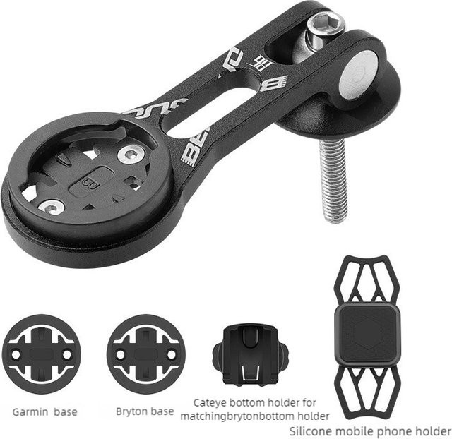 Fahrrad Computer Verlängerung Halterung aus Aluminium Legierung für MTB und Rennrad inklusive Silikon Telefonhalterung in Schwarz für Garmin, Bryton und Cateye - Bild 1