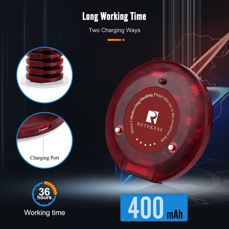 RETEKESS T119 Drahtloses Restaurant-Paging-System mit Coaster-Vibrations-Buzzer-Empfänger und 2-Wege-Ladefunktion für Cafés und Food Trucks - Bild 5