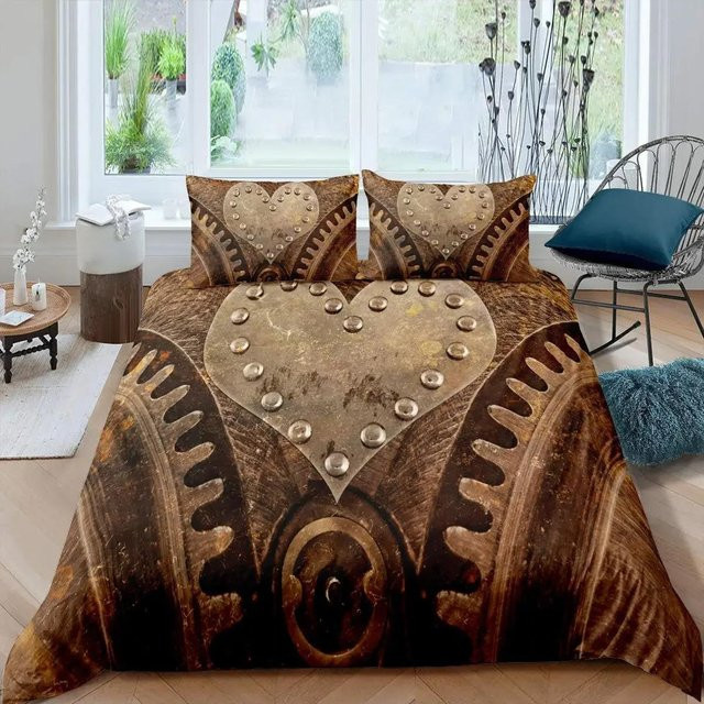 Ndustrial Gear Bettwäsche-Set im Steampunk-Stil mit mechanischen Zahnrädern und Schlössern, Farbe: Braun, Material: Polyester, Inhalt: 1 Deckenbezug und 2 Kissenbezüge, Breite: 133 cm, Höhe: 70 cm - Bild 1