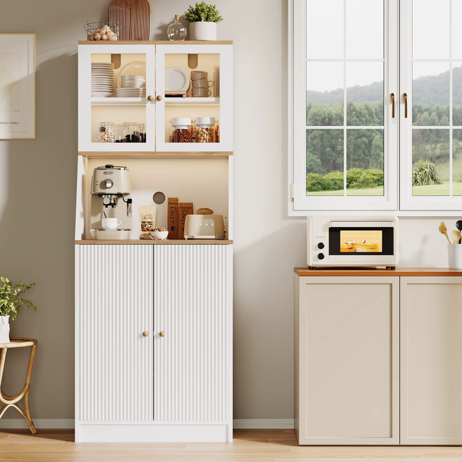 Simurq Küchenschrank in Weiß mit Arbeitsplatte, Glastüren und offenen Regalfächern für Küche, Wohnzimmer oder Esszimmer - Bild 2