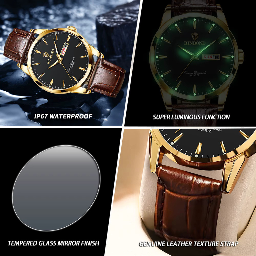 BINBOND Armbanduhr Quarz, Leder, Schwarz, Gold, Herren - Bild 5