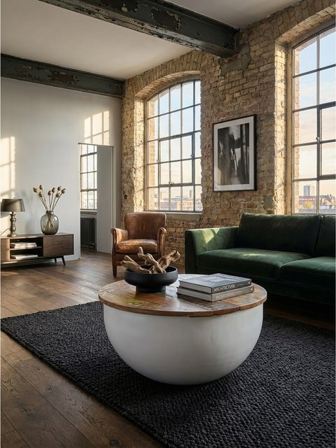 KADIMA DESIGN Couchtisch Industrial Rund aus Massivholz in Weiß, B/T/H: 60 x 34 x 60 cm - Bild 1