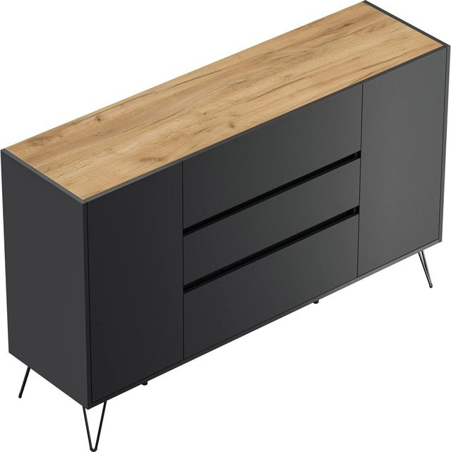 Posseik Sideboard Industrial O in Grafit und Eiche mit 3 Schubladen und 2 Türen, Breite: 155 cm - Bild 1