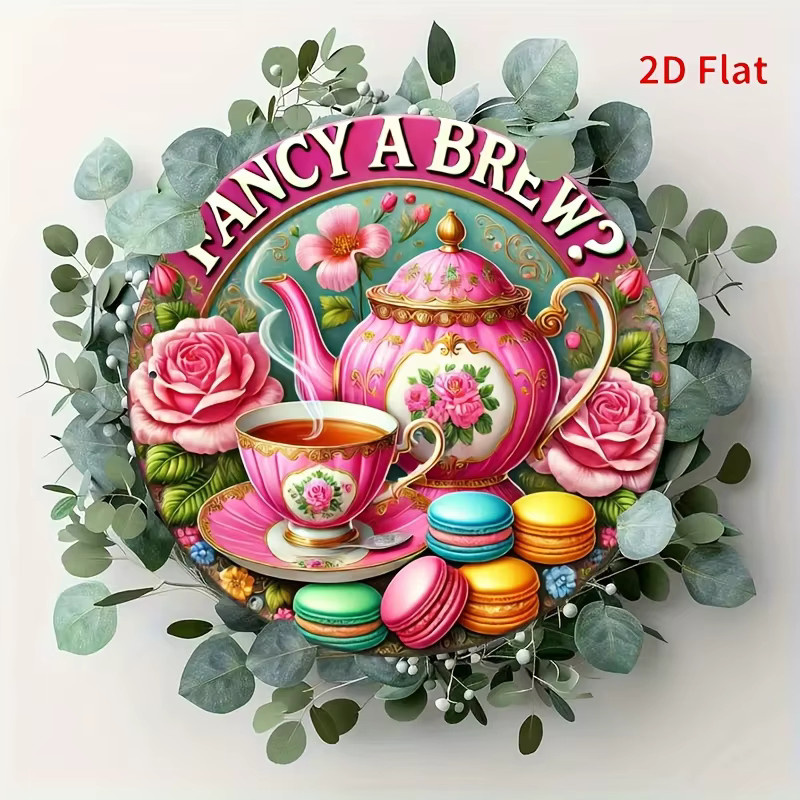 Potdemiel Metallwandkunst Vintage Pink Rose Tea Party Rundes Eisenschild mit Fancy a Brew Design, Durchmesser: 20 cm - Bild 3