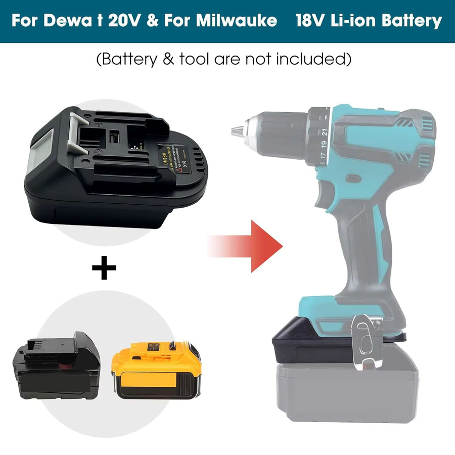 GiFi Power DM18M Konverter-Batterieadapter mit USB-Ladeanschluss für Dewalt 20V und Milwaukee 18V Lithium-Batterien, kompatibel mit Makita-Werkzeugen, Schwarz - Bild 3