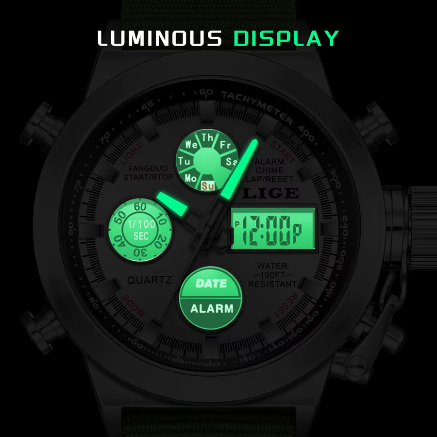 LIGE Armbanduhr, Quarz, Digitaluhr, Schwarz, Textil/NATO, Herren - Bild 5
