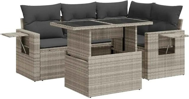 vidaXL 5-teilige Garten-Sofagarnitur in L-Form aus Poly-Rattan mit Kissen und Couchtisch, Hellgrau - Bild 1