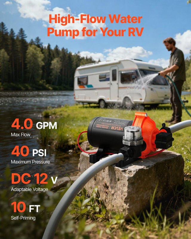 Buying Solutions MB Wohnmobil Wasserpumpe, 12V DC, 4 GPM (15,1 L/min), 3-Kammer-Selbstansaugende Membran-Wasserpumpe mit automatischem Druckschalter, max. 40 PSI Druck, Orange - Bild 2