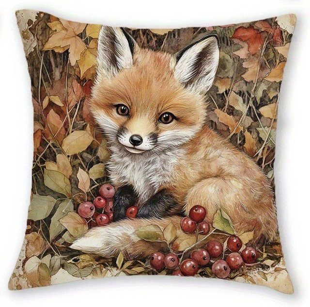 JMG Clothing Kissenbezug mit Waldtierdruck Hirsch Eichhörnchen Igel Fuchs in Braun, B/B: 45 x 45 cm - Bild 1