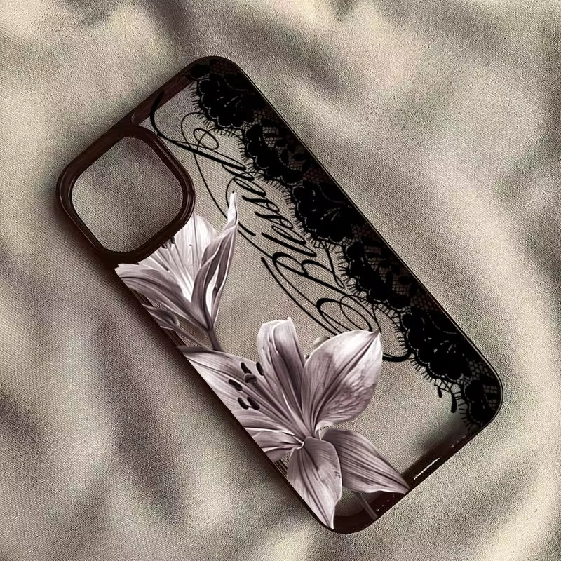 Schwarze Handyhülle mit Spitzen-Lilien-Blumen-Design für Apple iPhone Modelle - Bild 2