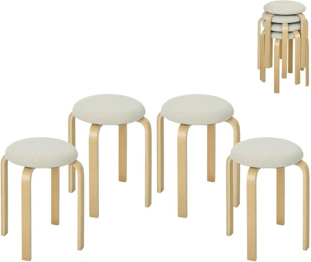 HOMCOM 4er Set Stapelhocker Esszimmerhocker in Cremeweiß mit Birkensperrholz und Leinenimitat - Bild 1