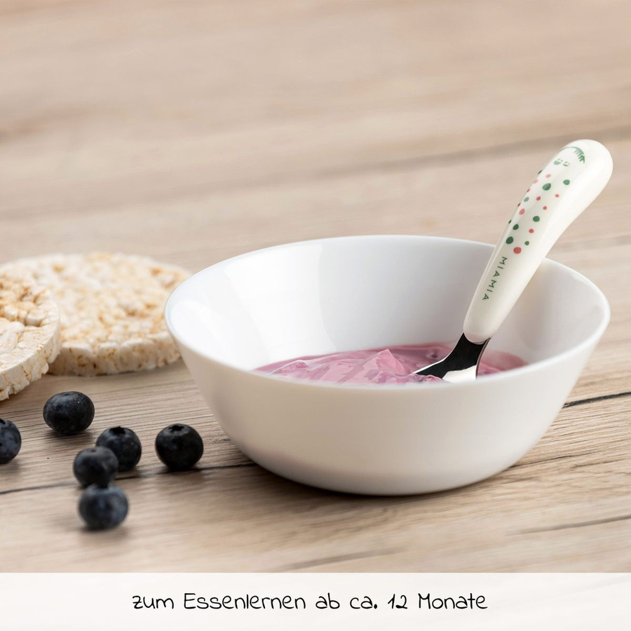 MiaMia Esslern Besteck-Set für Kinder 4-teilig mit ergonomischen Griffen aus Edelstahl und Kunststoff in Weiß mit Punkten - Bild 2