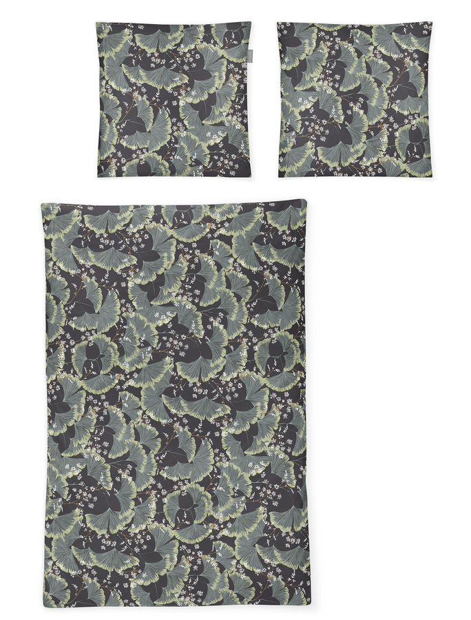 Irisette Sky Mako-Satin Bettwäsche mit Gingko-Blättermuster in Grau und Grün, B/H: 155 x 220 cm mit Kissenbezug 80 x 80 cm - Bild 1