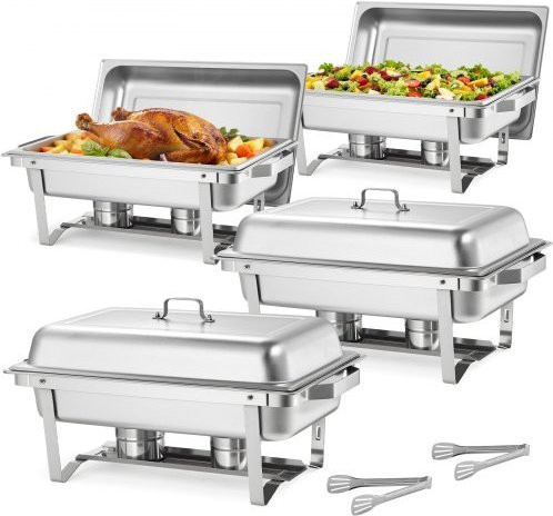 VEVOR Chafing Dish Set aus Edelstahl in Silber, 4er Pack Speisenwärmer mit 9,91 l Fassungsvermögen, inklusive Deckel, 2 Esszangen und Brennstoffhaltern für Bankette und Hochzeiten - Bild 1