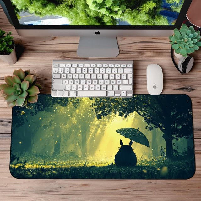 Große Schreibtischunterlage Grüner Wald Totoro Anime-Kunst Rutschfeste Gaming-Mausmatte in Grün und Schwarz - Bild 1