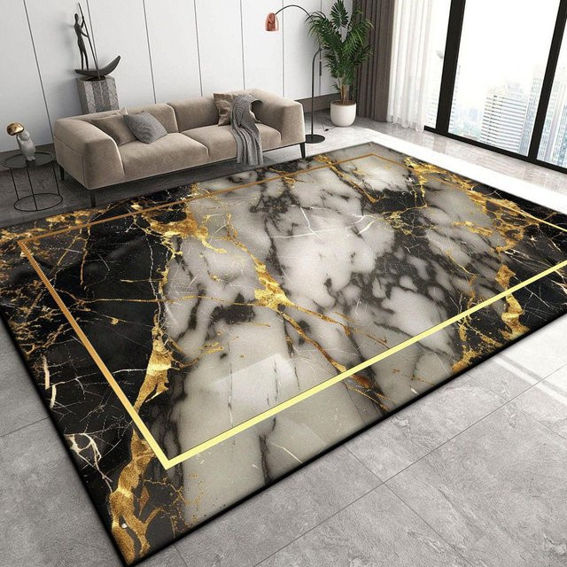 Wucifang Jewelry Luxus Marmor Fußmatte in Schwarz, rutschfester Plüschteppich aus Polyester für Wohnzimmer und Schlafzimmer, B/T: 90 x 60 cm - Bild 1