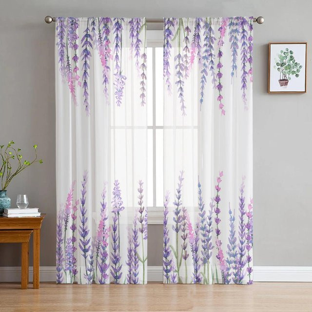 Yiran Furniture Transparentes Voile-Gardinen Set mit Blumen, Lavendel und Schmetterlingen in Lila und Multicolour, B: 135 cm, H: 274 cm - Bild 1