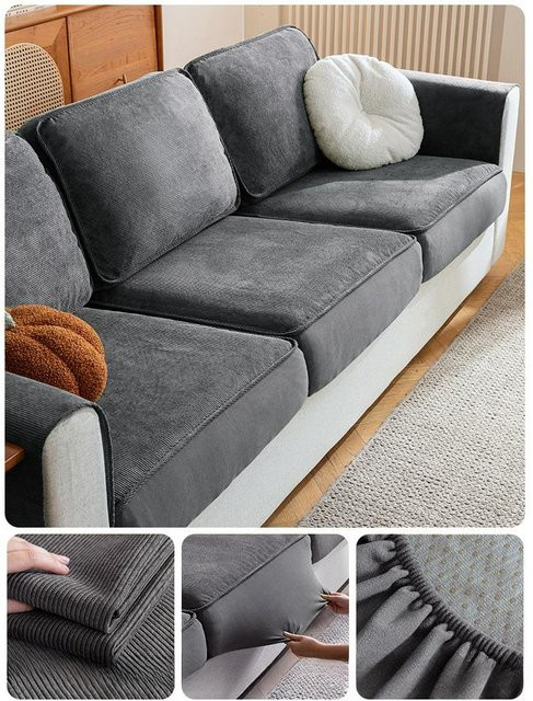 Winter Plüsch Sofabezug in Grau, rutschfester Stretch Universalbezug aus Mikrofaser für alle Jahreszeiten, B/T/H: 60 x 60 cm - Bild 1