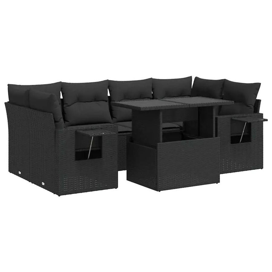 vidaXL 7-teilige Garten-Sofagarnitur in L-Form aus schwarzem Poly-Rattan mit UV-beständigen Kissen und pulverbeschichtetem Stahlgestell - Bild 2