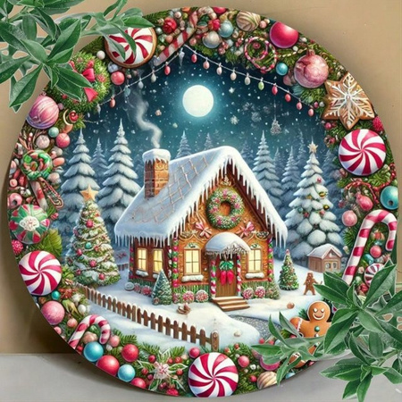 HELLOYOUNG Weihnachtsdekoration Lebkuchenhaus Wandschild aus Metall, runde Weihnachtsdekoration aus Eisen in Multicolor