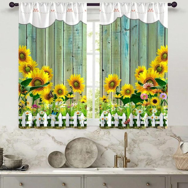 Yiran Furniture Kurzvorhänge mit Sonnenblumen- und Karomuster, 2er-Set, halbtransparent, Polyester, Mehrfarbig, B: 60 cm, H: 100 cm - Bild 1