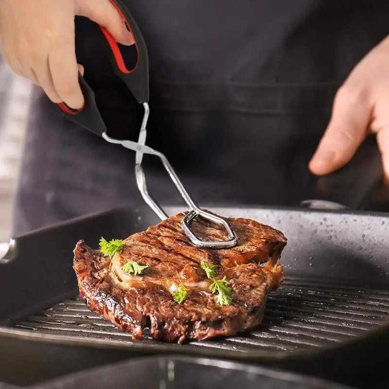 Rutschfeste Grillschere und Grillzange aus Metall mit langem Griff in Silber für BBQ und Küche - Bild 3