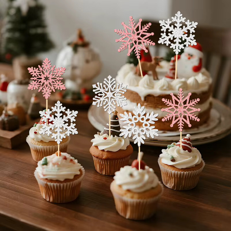 YOMDID 25 Stück glitzernde Schneeflocken-Kuchendekoration in Pink und Silber als Weihnachts-Cupcake-Topper und Schneeflocken-Picks - Bild 3