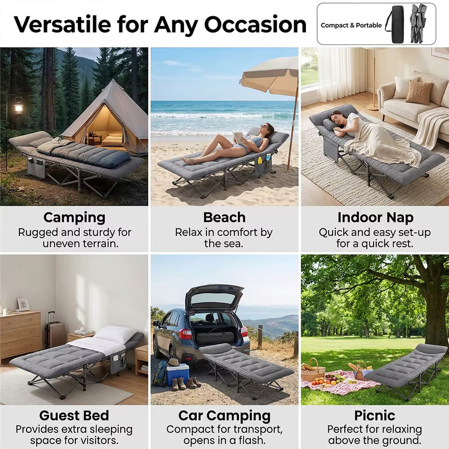 HGTUGO Klappbares Campingbett Grau mit Kissen und Seitentaschen, Tragbares Outdoor-Campingbett für Erwachsene mit 200 kg Tragkraft - Bild 8