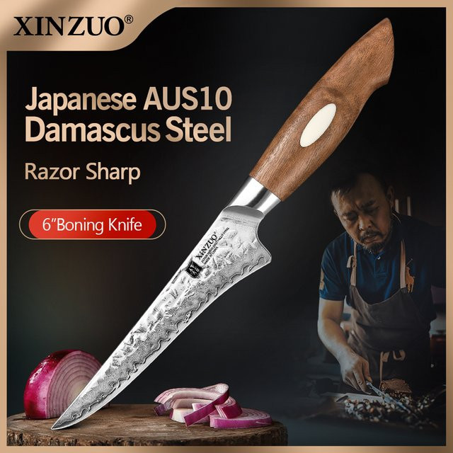 XINZUO Boning Küchenmesser aus 67-lagigem AUS10 Damaststahl mit Holzgriff, Silber, Länge: 15,24 cm - Bild 1