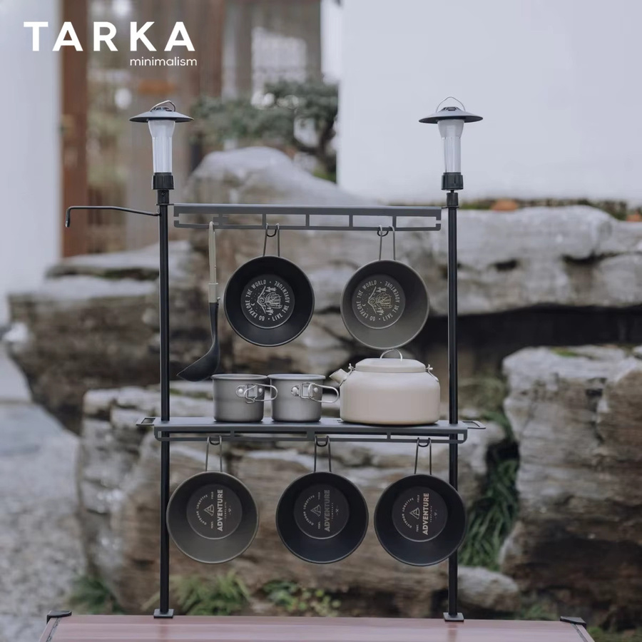 TARKA Camping Regal als multifunktionaler Laternenständer und Hängeregal für Geschirr und Werkzeuge, Wandmontage, Metall, Schwarz Matt - Bild 2