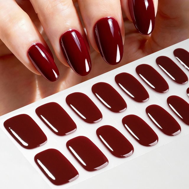HotPress Semi-Cured Gel-Nagelaufkleber, Burgunderrot, Glänzend, 16 Stück - Bild 1