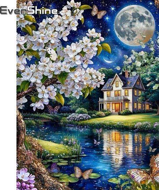 EverShine Diamantmalerei Nachtlandschaft mit Haus und Mond, 5D Mosaik-Stickerei in Multicolour, B/H: 30 x 30 cm - Bild 1