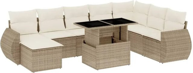 vidaXL 9-tlg. Garten-Sofagarnitur in L-Form aus Poly-Rattan mit Kissen in Beige-Creme - Bild 1