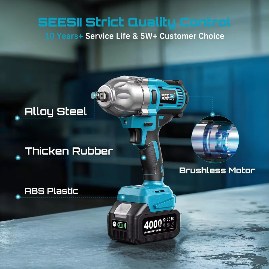 Seesii Kabelloser Bürstenloser Schlagschrauber Kit mit 1/2 Zoll Aufnahme, 1200N.m Hochdrehmoment, Blau, inklusive 4,0Ah Akku und 6 Steckschlüsseln - Bild 7