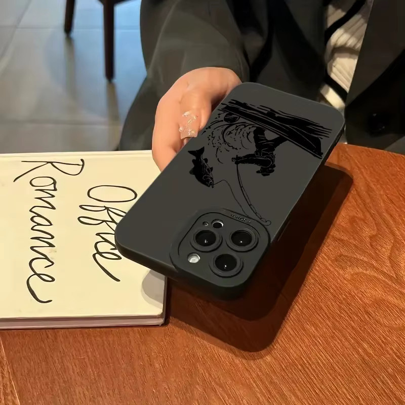 Silikon Handyhülle mit Line Fishing Man Muster für iPhone 11 bis 17 Pro Max in Schwarz - Bild 4