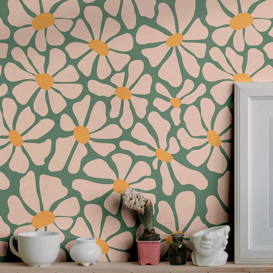 Pixel&Wall Funky Daisy Tapete im Retro-Design mit floralem Blumenmuster in Grün und Orange - Bild 4
