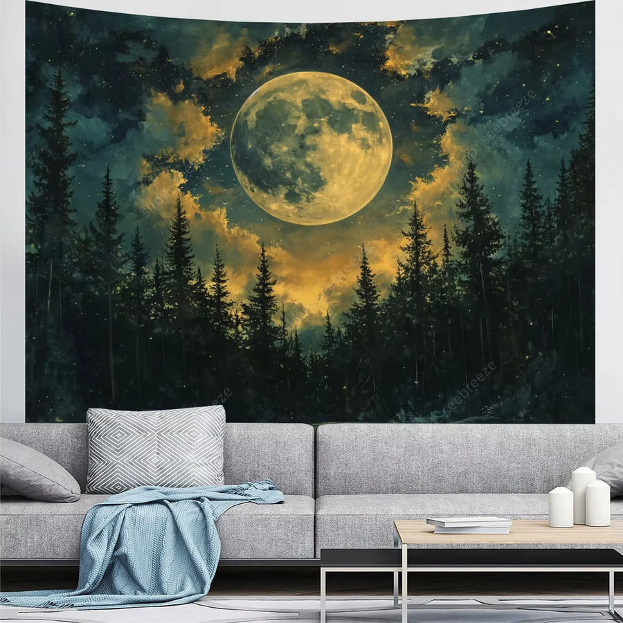 VIKAMA Wandteppich mit Sternenhimmel, Mond- und Flammenmuster in Mehrfarbig, Skandinavisches Design für Wohnzimmer und Schlafzimmer, B/H: 100 x 70 cm - Bild 1