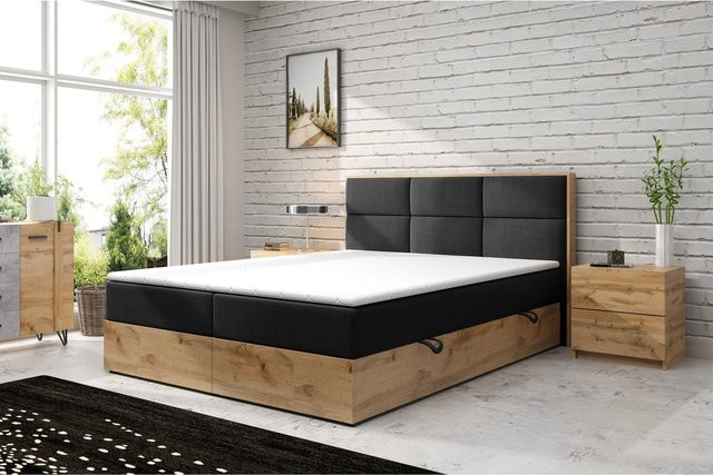 M-Punkt Boxspringbett STOCKHOLM Designerbett aus Eiche Holz mit Bettkasten und Webstoff in Schwarz, B/T/H: 180 x 200 cm - Bild 1