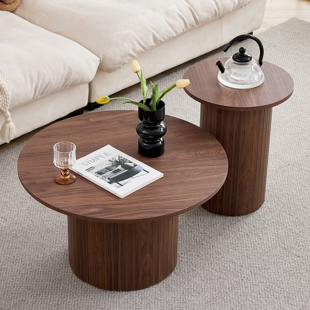 EGOONM 2er-Set runde Couchtische aus Holz im nordischen Stil, braun, ineinander steckbare Couchtische für Wohnzimmer und Schlafzimmer - Bild 1
