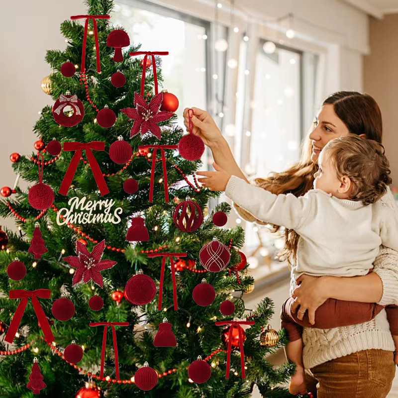 ZQNYCY 38-teiliges Set Weihnachtsdekoration aus Samt in Rot mit Christbaumkugeln, Sternen, Blumen und Baumspitze für deinen Weihnachtsbaum und zur Neujahrsdekoration - Bild 6
