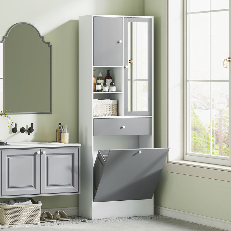 HOMCOM Badezimmerschrank in Grau und Weiß mit Spiegeltür, Wäschekorb, Schublade und verstellbaren Regalen, B/T/H: 62 x 28,3 x 181 cm - Bild 2