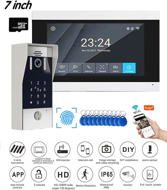 Tuya Smart 5in1 Video Intercom System mit 7 Zoll LCD Display, 1080P Wifi Kamera und Fingerprint Entsperrung in Weiß - Bild 1